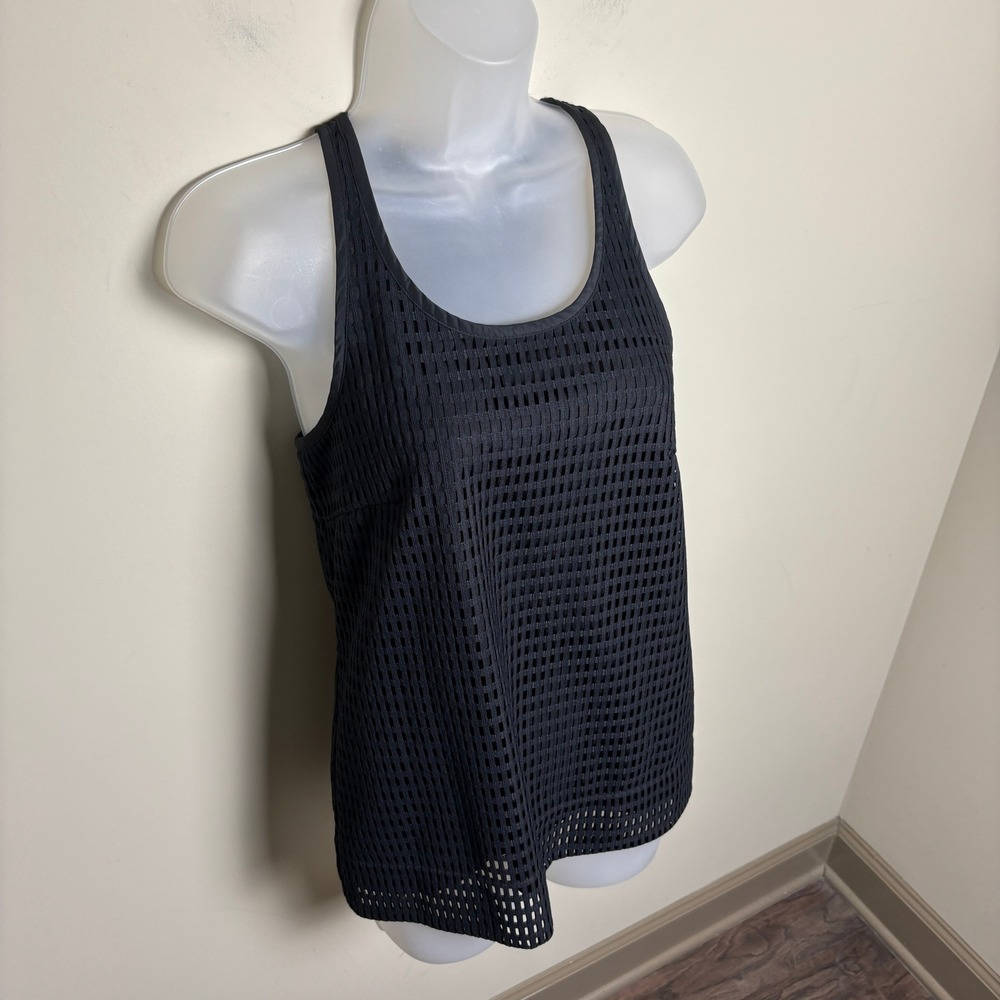 DKNY Black Grid Mesh Sheer Knit Racerback Scoop Neck Sleeveless Tank Top Women S - Picture 4 of 9
